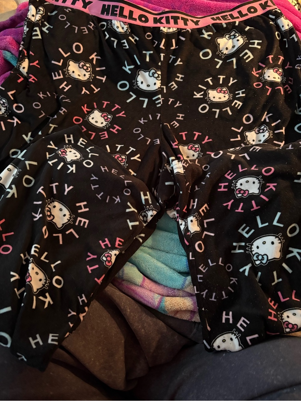 Hello Kitty Black Pajama Pants with Pink & Light Blue Accents
